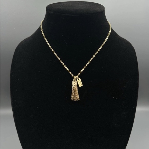 Coach Gold Tone Enamel Logo Tassel Fringe Pendant Necklace - Picture 2 of 11